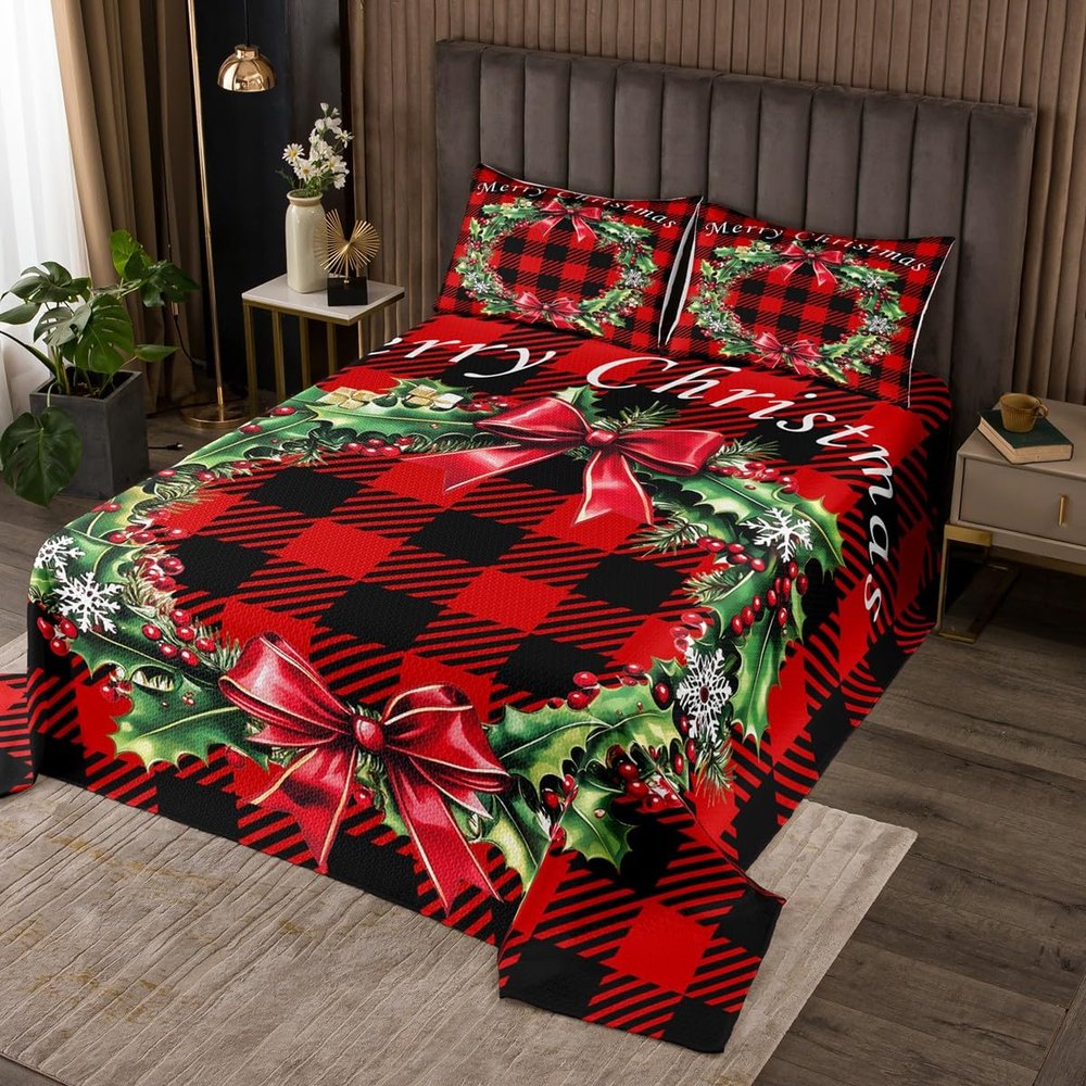 3 Piece Christmas Garland Quilt Bedding Set Women Aldult Lightweight Bedding Red Bowknot Bedspread Set Red Black Grid Bedspread Coverlet Soft Microfiber Home Quilt Set for King Bed All Season