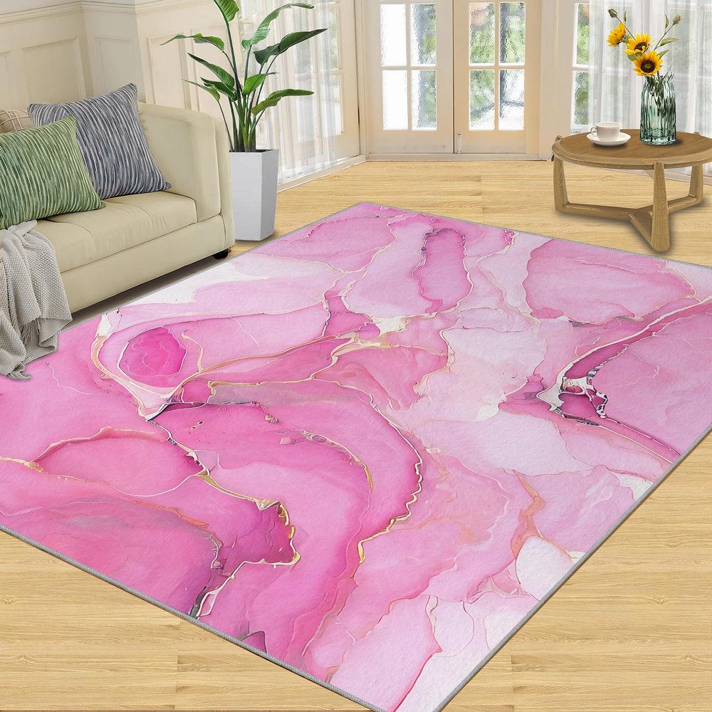 3x5 Area Rug, Pink Marble Rug, Home Decor Rug, Non Slip Low Pile Easy Clean Carpet for Woman Bedside Living Room Bedroom Kitchen Dining Room Floor Mat