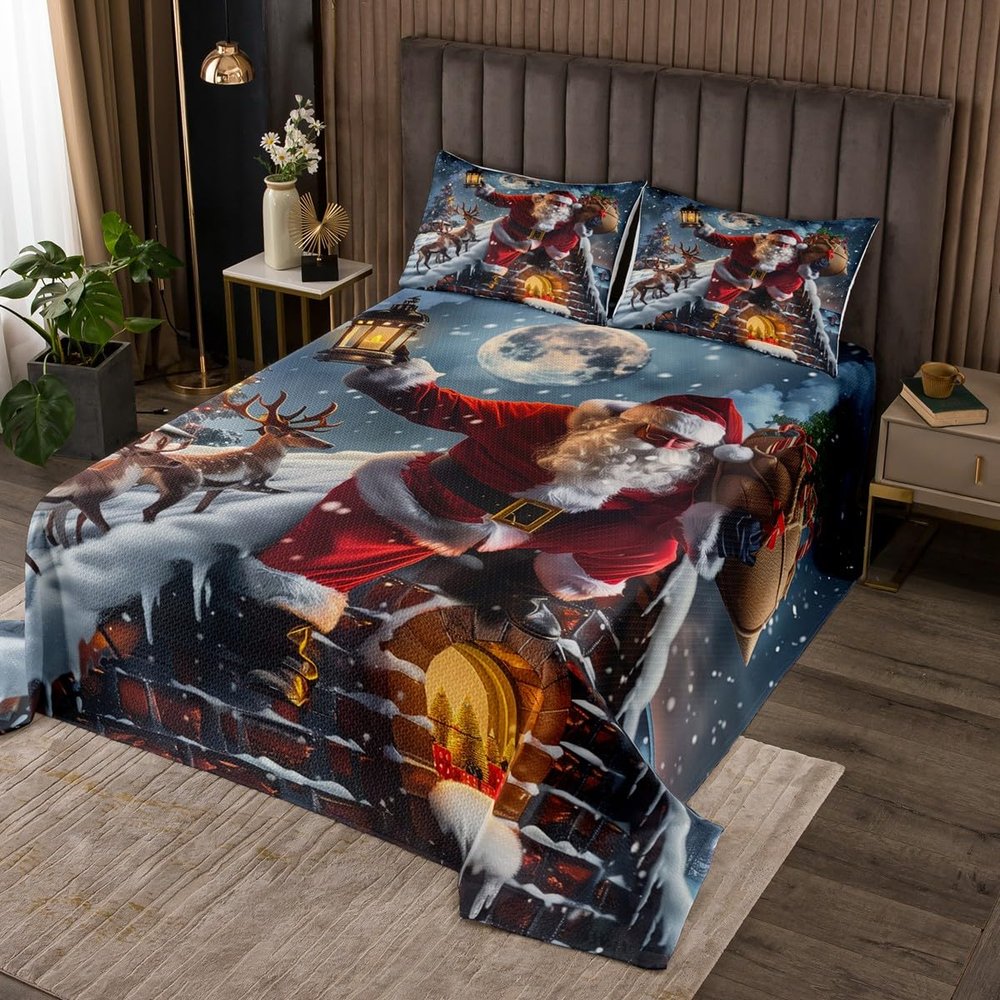 Santa Claus Bedspread Set Queen Size for Kids,Boys Girls Reindeer Quilt Set Christmas Eve Bedspread Coverlet Snow House Bedspread 3 Piece Decorative Bedding Quilted with 2 Pillow Shams