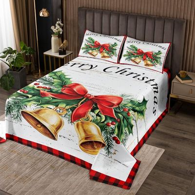 3 Piece Small Bell Quilt Bedding Set Women Aldult Lightweight Bedding Merry Christmas Bedspread Set Red Bowknot Bedspread Coverlet Soft Microfiber Home Quilt Set for King Bed All Season