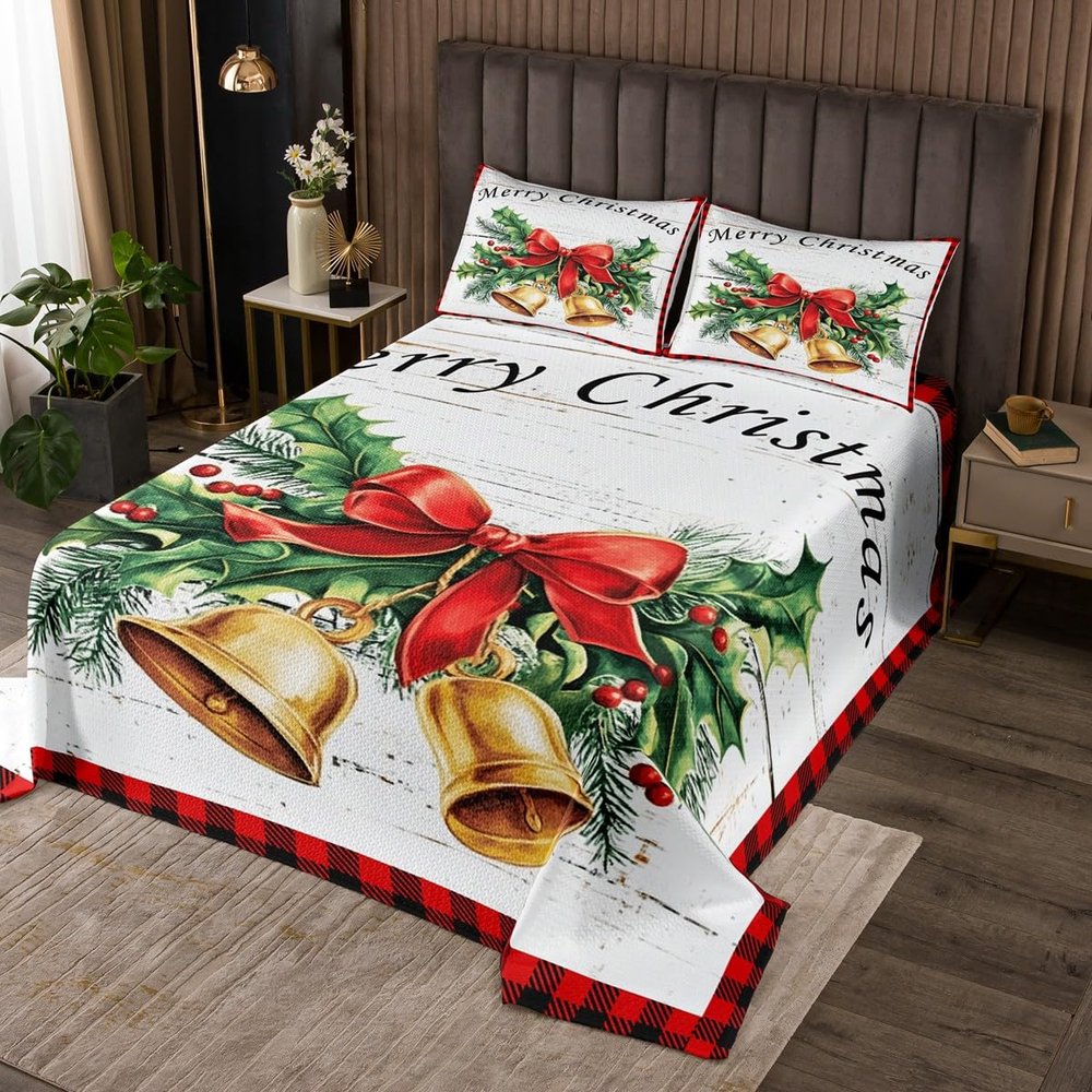 3 Piece Small Bell Quilt Bedding Set Women Aldult Lightweight Bedding Merry Christmas Bedspread Set Red Bowknot Bedspread Coverlet Soft Microfiber Home Quilt Set for King Bed All Season