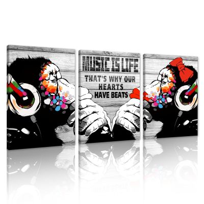 3 Pieces Graffiti Wall Art - Banksy Wall Decor Funny Animal Canvas Print Black White Dj Thinking Monkey with Headphones Painting Picture Pop Art Street Poster Modern Home Artwork, Framed 12x16 in x 3