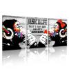 3 Pieces Graffiti Wall Art - Banksy Wall Decor Funny Animal Canvas Print Black White Dj Thinking Monkey with Headphones Painting Picture Pop Art Street Poster Modern Home Artwork, Framed 12x16 in x 3 view 1
