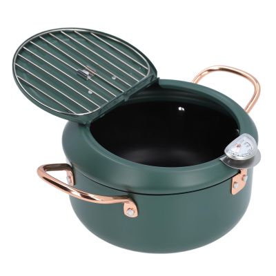 ANGGREK Fry Pot, Japanese Prevent Oil Double Handles Frying Pot Iron with Oil Temperature Gauge Lid for Home (Refined Iron 2)