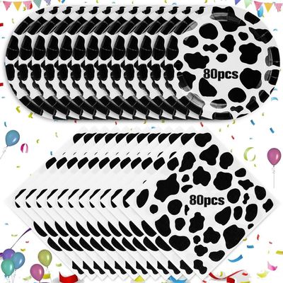 byepica Cow Print Party Tableware, 80Pcs 7In Plates & 80Pcs 13.4In Napkins, Farm Animal Decor for Birthdays, Weddings, Showers, and Kitchen Tables