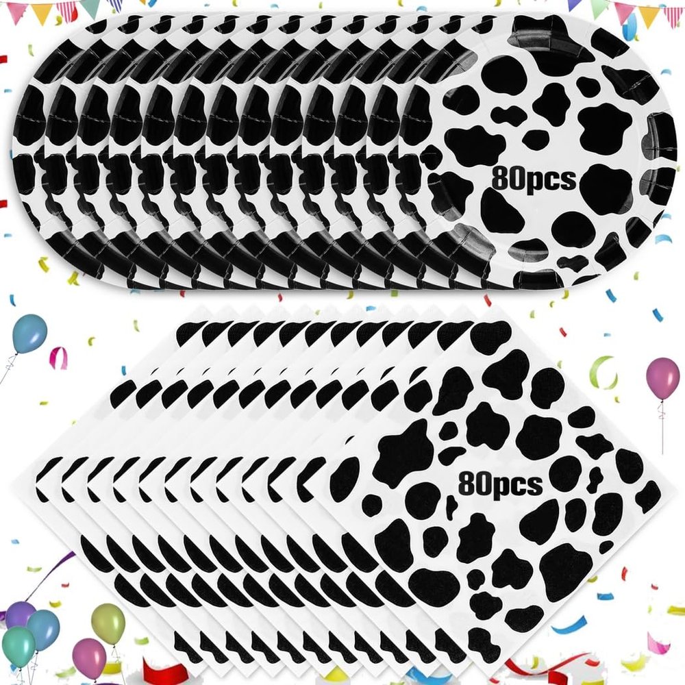 byepica Cow Print Party Tableware, 80Pcs 7In Plates & 80Pcs 13.4In Napkins, Farm Animal Decor for Birthdays, Weddings, Showers, and Kitchen Tables