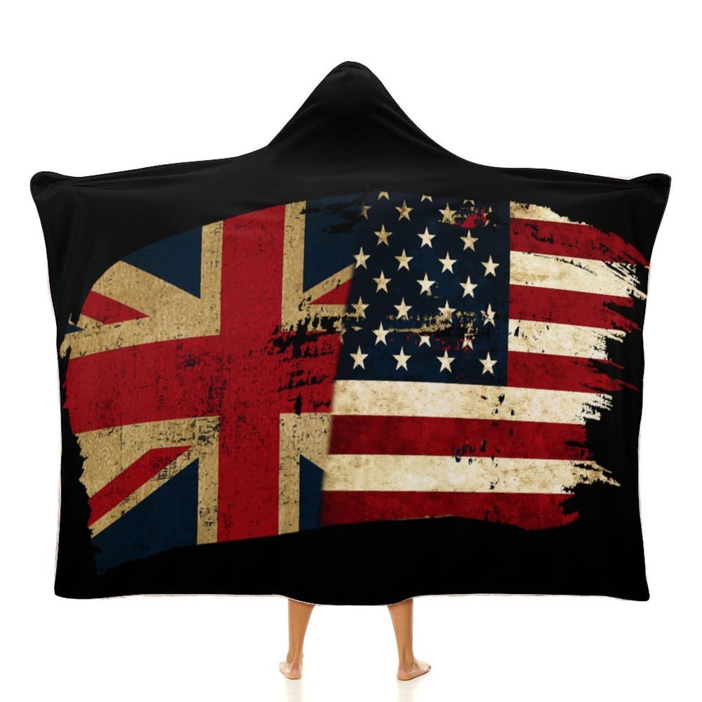 British America Flag Hooded Blanket Wearable Blanket Hoodie,Patriotic Theme Flags Pattern Blanket Hoodie for Women Men 40"x50"