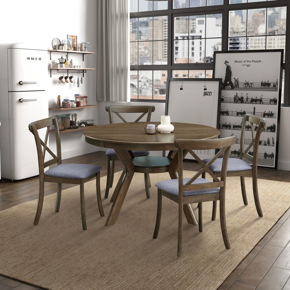 47.24" Solid Wood Dining Table Set for 4-6, Round Circle Wooden Kitchen Table with Trestle Pedestal Base with 4 Wooden X Back Dining Chairs for Dining Room Kitchen Furniture - Oak (5-Piece Set)