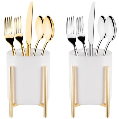 byepica 2Pcs Robust Utensil Holders, White Ceramic Cups with Golden Metal Stands, Sturdy Cutlery Caddy, Round Flatware Crock for Countertop, Desktop Silverware Organizer for Kitchen