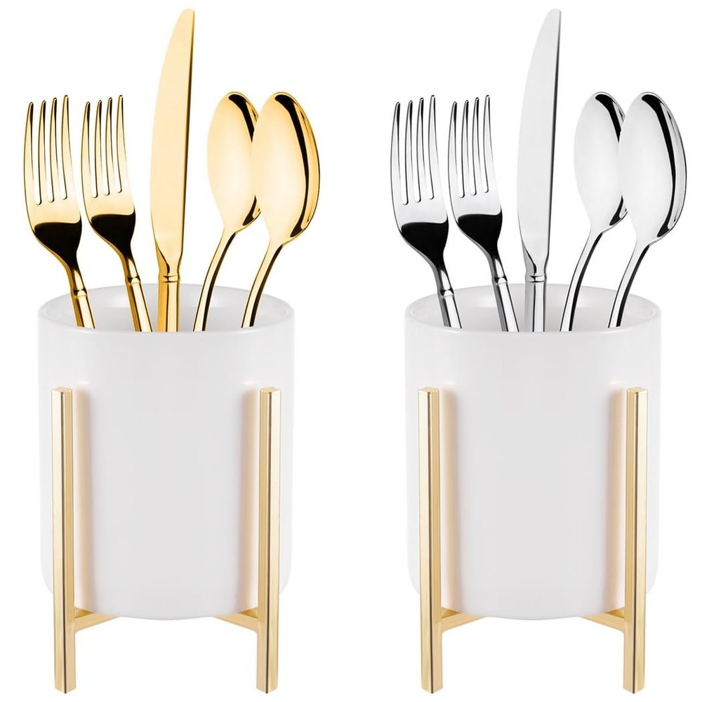 byepica 2Pcs Robust Utensil Holders, White Ceramic Cups with Golden Metal Stands, Sturdy Cutlery Caddy, Round Flatware Crock for Countertop, Desktop Silverware Organizer for Kitchen
