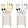 byepica 2Pcs Robust Utensil Holders, White Ceramic Cups with Golden Metal Stands, Sturdy Cutlery Caddy, Round Flatware Crock for Countertop, Desktop Silverware Organizer for Kitchen view 1