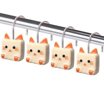 Cat Shower Curtain Hooks, Cat Shower Curtain Funny Hooks Rings Cute Cat Face Paw Print Animal Bathroom Decor
