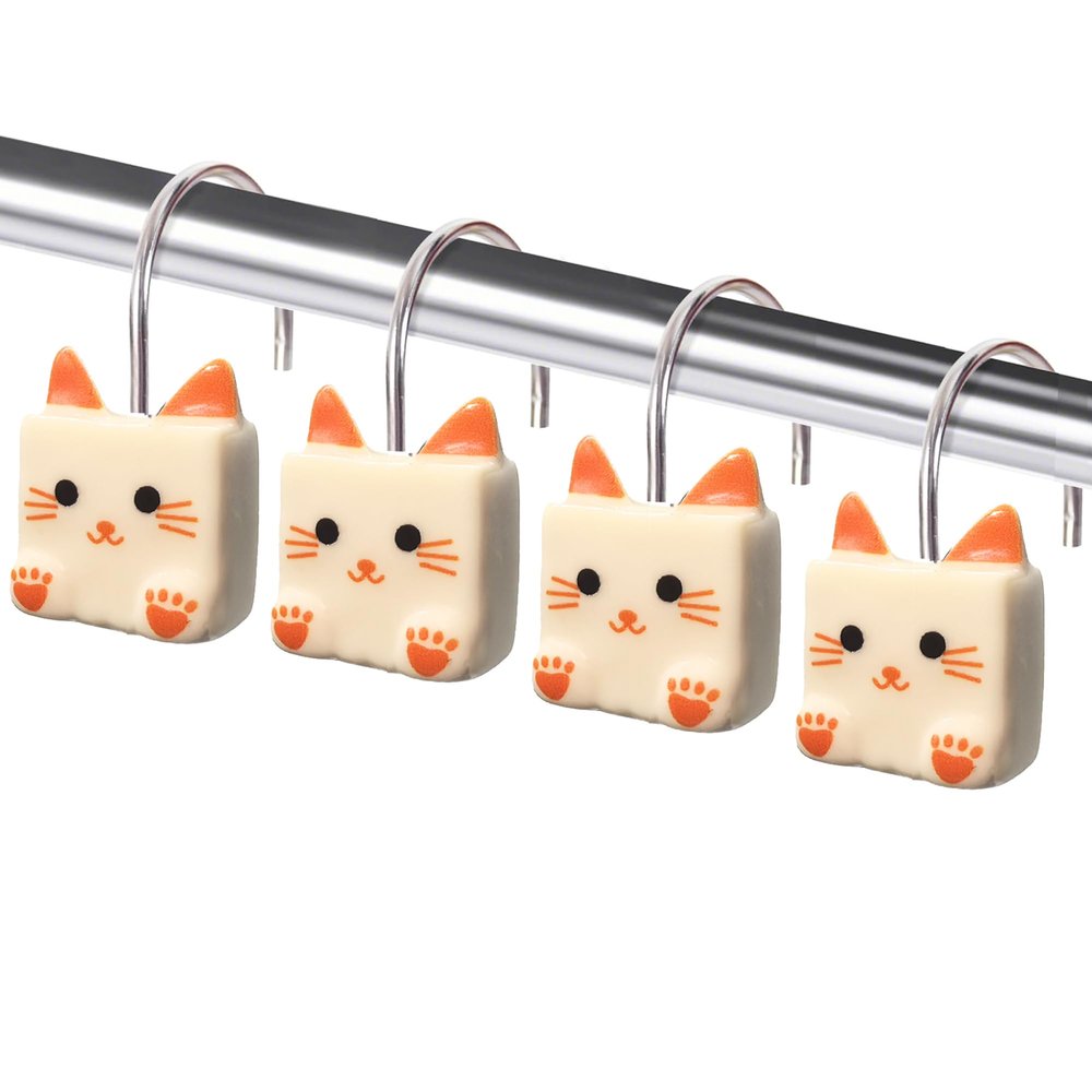 Cat Shower Curtain Hooks, Cat Shower Curtain Funny Hooks Rings Cute Cat Face Paw Print Animal Bathroom Decor