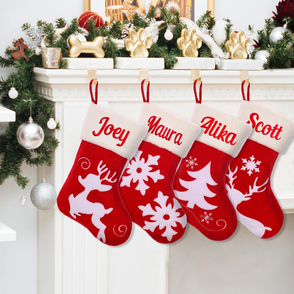 VRFASHION Redwhite Personalized Christmas Stockings, 18" Large Embroidered Custom Name Christmas Stockings, Fireplace Hanging Stockings with Name, Christmas Decorations Gifts for Family Party 1Pcs