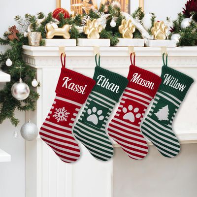 VRFASHION 1 Pcs Personalized Christmas Stockings with Name, 18" Large Embroidered Custom Name Family Striped Christmas Stockings, Fireplace Hanging Stockings, Christmas Decorations Holiday Party Decor