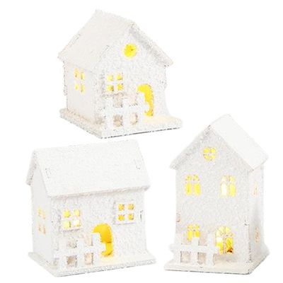 Christmas Village Houses 3Pcs Set with LED Light Boxwood Houses with Bottom Switch - White Snow Tabletop Decor