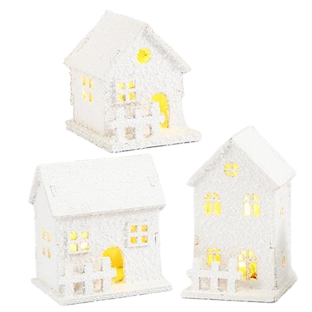 Christmas Village Houses 3Pcs Set with LED Light Boxwood Houses with Bottom Switch - White Snow Tabletop Decor