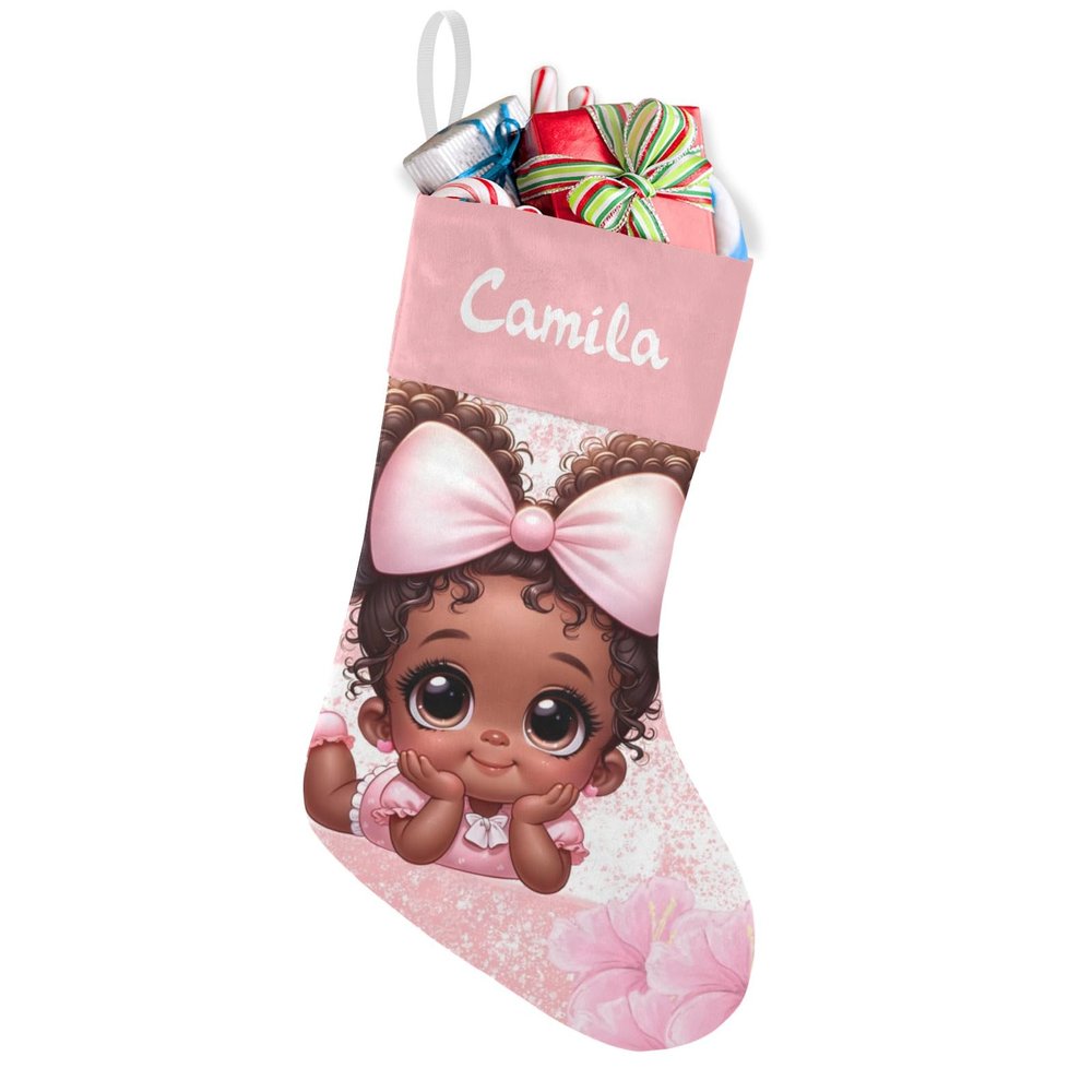 EOYinHas Pink Striped Afro Girl Personalized Xmas Hanging Stocking Decorations with Name for Holiday Christmas Party Family Decor,1 Pack