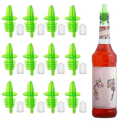 12 PCS Bottle Pourers And 12 PCS rubber pourers dust cap covers Syrup Pourer Pour Spouts Plastic Liquor Bottle Pourers with Rubber Pourers Dust Cap Covers Bottle Pourers (green)
