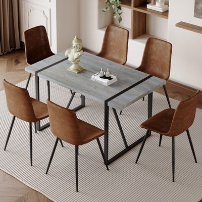 gopop 55'' Wood Dining Table Set for 6, Kitchen Table Chairs Set of 6, Light Grey Dining Table with Sturdy Black Metal Frame, 6 PU Dining Chairs with Stable Legs, Ideal for Living Room, Kitchen.