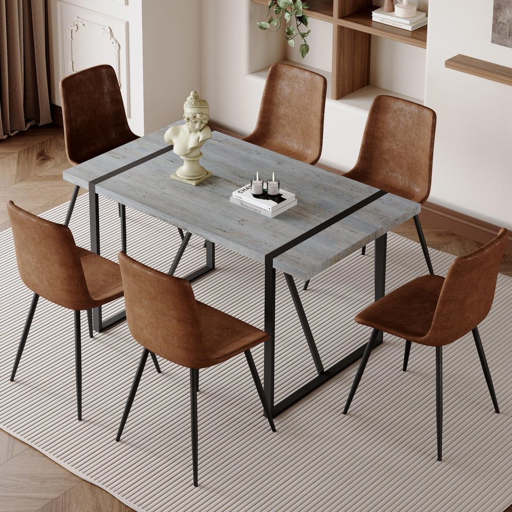 gopop 55'' Wood Dining Table Set for 6, Kitchen Table Chairs Set of 6, Light Grey Dining Table with Sturdy Black Metal Frame, 6 PU Dining Chairs with Stable Legs, Ideal for Living Room, Kitchen.