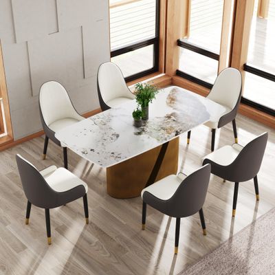 70.86" Modern Faux Marble Dining Table for 8, White Pandora Sintered Stone Top Dining Table, Dining Table with Curved Panel & Unique Metal Pedestal Table for Dining Room, Kitchen and Living Room