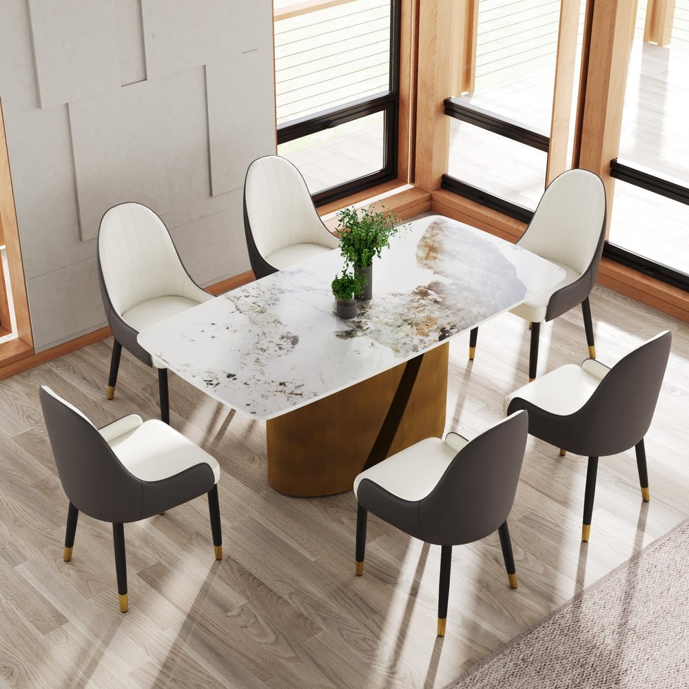 70.86" Modern Faux Marble Dining Table for 8, White Pandora Sintered Stone Top Dining Table, Dining Table with Curved Panel & Unique Metal Pedestal Table for Dining Room, Kitchen and Living Room