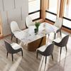 70.86" Modern Faux Marble Dining Table for 8, White Pandora Sintered Stone Top Dining Table, Dining Table with Curved Panel & Unique Metal Pedestal Table for Dining Room, Kitchen and Living Room view 1