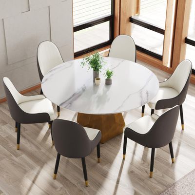 59.05 Faux Marble Round Dining Table for 6-8, Modern Round Sintered Stone White Carrara Table with Metal Base for Dining Room, Living Room