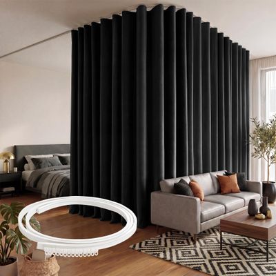 RYB HOME Blackout Room Divider Curtains with Flexible Track Ceiling/Wall Mount, Extra Wide Floor to Ceiling Curtains with Hooks for Bedroom/Office/Study/Living Room, Black, W120 x L84, 1 Panel