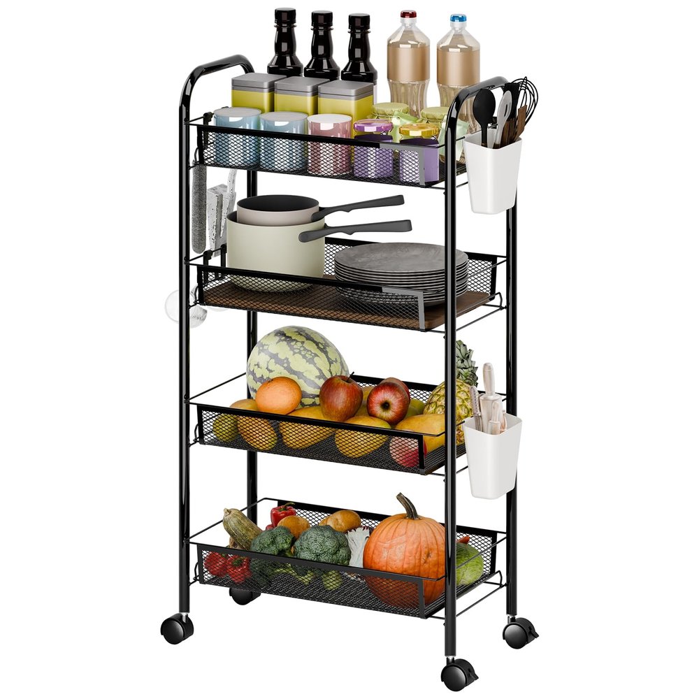 GIFZES Rolling Cart, Multipurpose Wheeled Storage Basket Trolley Utility Cart, Mobile Storage Trolley On Wheels, Vegetable Rack, Utility Cart Shelving Units, Kitchen Storage Trolley Black 4-Layers