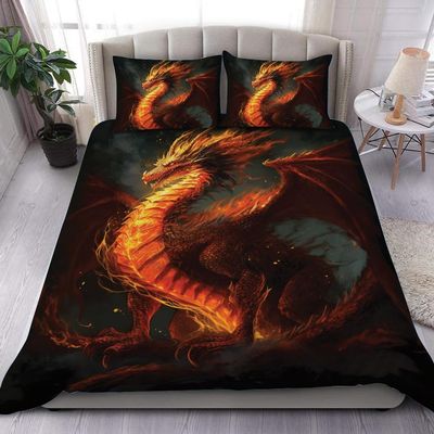 Dragon Bedding Set Full Size - Red Fire Comforter Set, Breathable Bedspread for Dragon Lovers, Personalized Galaxy Bedding for Adults