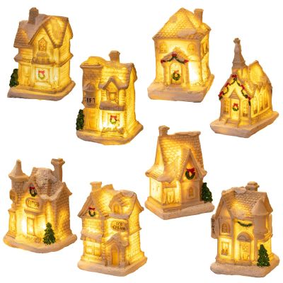 RXMORI 8 Pcs Christmas Village Sets Lighted Miniature Christmas Town Display,Tiny Resin Mini Figurine LED Winter Village Ornament Kit for Xmas Town Scene Desktop Ornament