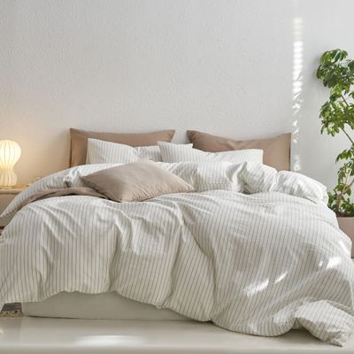 MooMee Striped Duvet Cover Set 100% Washed Cotton Linen Like Textured Breathable Durable Soft Comfy (White Sage Green Wide Stripes, Palatial King/Oversized King 120"x98")