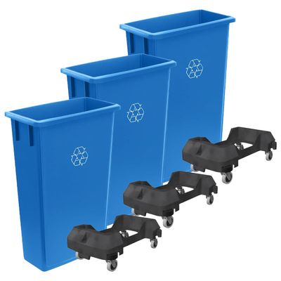 SunSierra 3 Pack 23 Gallon Heavy-Duty Trash Can with Dolly, Durable Waste Container, Slim Rectangular Garbage Bin, Recycling Bin, Plastic Wastebasket for Kitchen, Garage, Hotels, Restaurants, Office