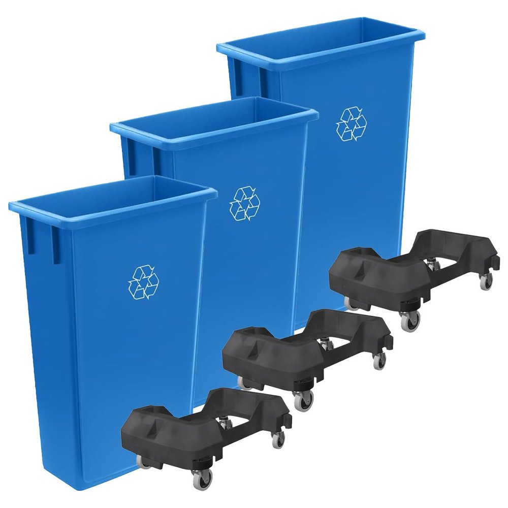 SunSierra 3 Pack 23 Gallon Heavy-Duty Trash Can with Dolly, Durable Waste Container, Slim Rectangular Garbage Bin, Recycling Bin, Plastic Wastebasket for Kitchen, Garage, Hotels, Restaurants, Office