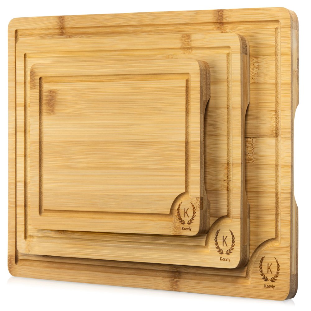Bamboo Cutting Boards Set of 3 Durable Wooden Chopping Boards with Deep Juice Grooves & Handles Easy to Clean Serving & Cutting Board Set for Kitchen, Meat, Vegetables, Cheese, Gifts