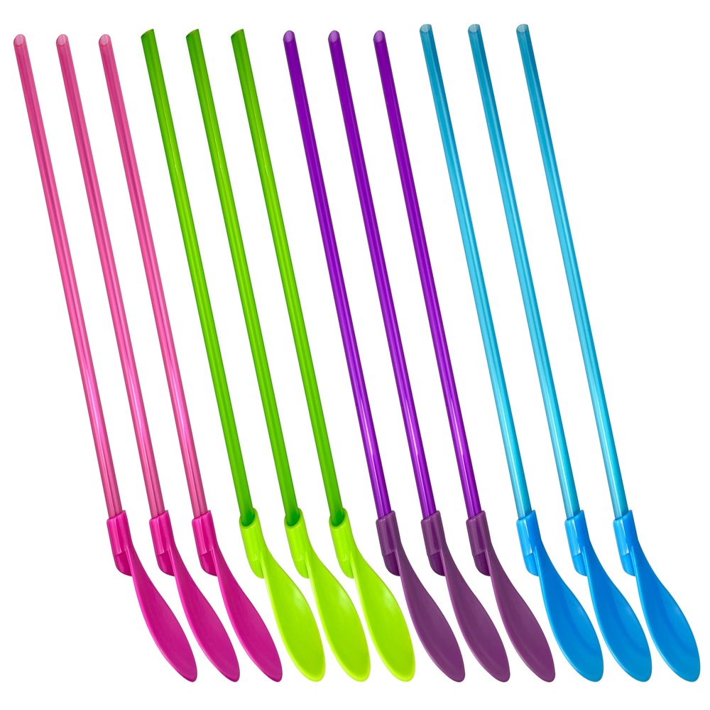 12pcs Plastic Straw Spoons Reusable Straw Spoons spoon straws Suitable for frozen drinks, smoothies, milkshakes, ice cream, etc. (green, rose, purple, blue, 3 each)