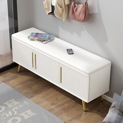 KGBNYSS Shoe Bench PU Seat Cushion and Hidden Storage Space, 3-Door Shoe Rack Bench for Porch, Living Room and Bedroom, Load 150Kg, 90 x 33 x 48cm(White)