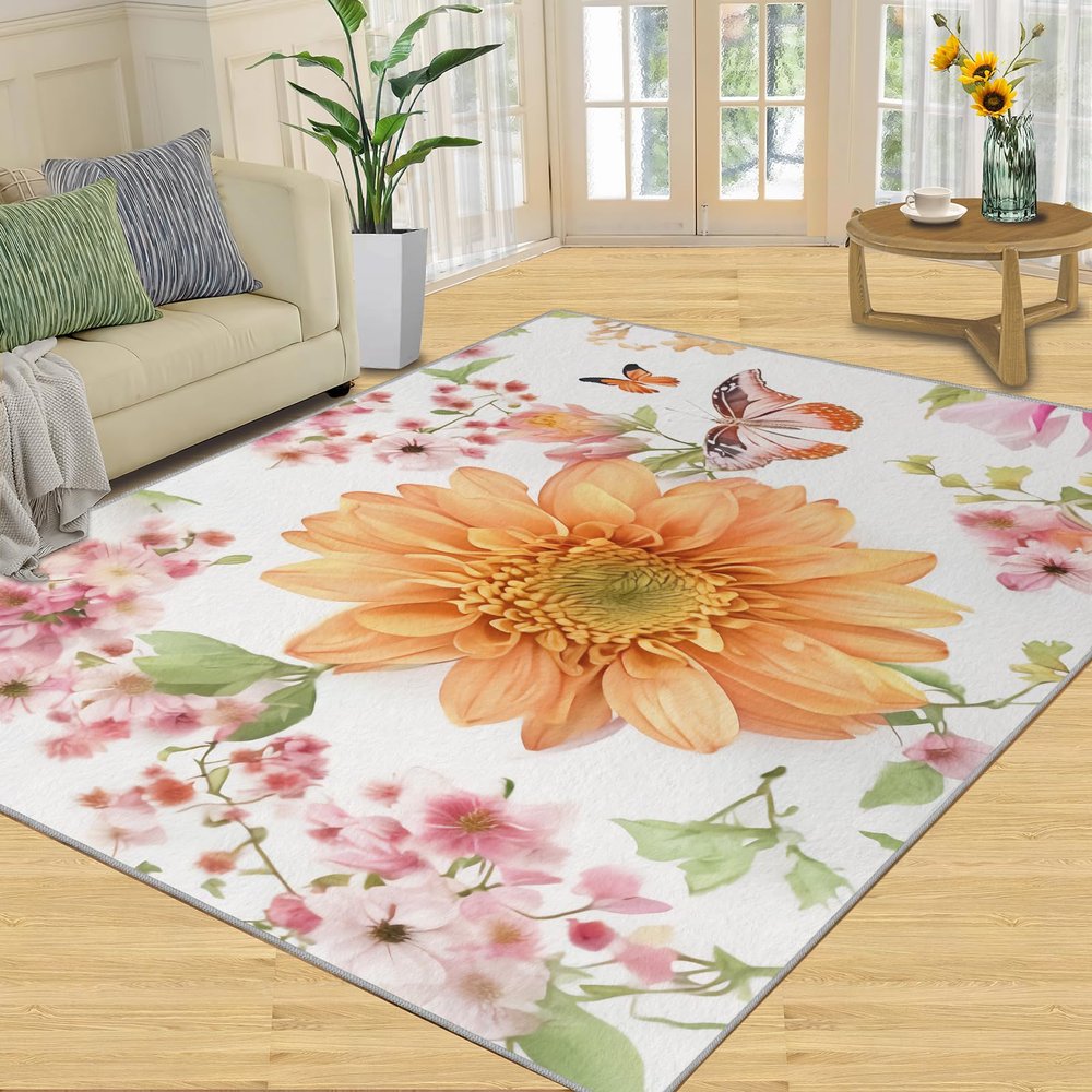 3x4 Area Rug, Yellow Flowers Rug, Ladies Pastoral Style Indoor Non Slip Print Rugs, Machine Washable Carpet for Woman Bedside Living Room Bedroom Kitchen Dining Room Decor Floor Mat