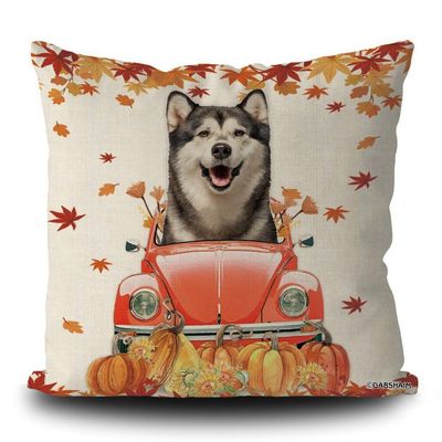 GABSHAIM Alaskan Malamute Dog Fall Autumn Decorative Throw Pillow Cover Dog Drive a Car Maple Leaves Pillowcase Linen 20X20 Inch Double Side Style 3