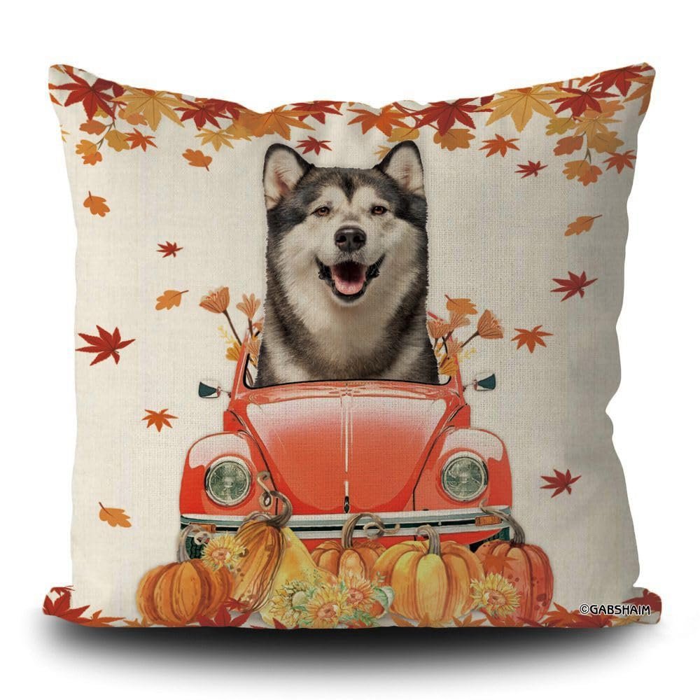 GABSHAIM Alaskan Malamute Dog Fall Autumn Decorative Throw Pillow Cover Dog Drive a Car Maple Leaves Pillowcase Linen 20X20 Inch Double Side Style 3