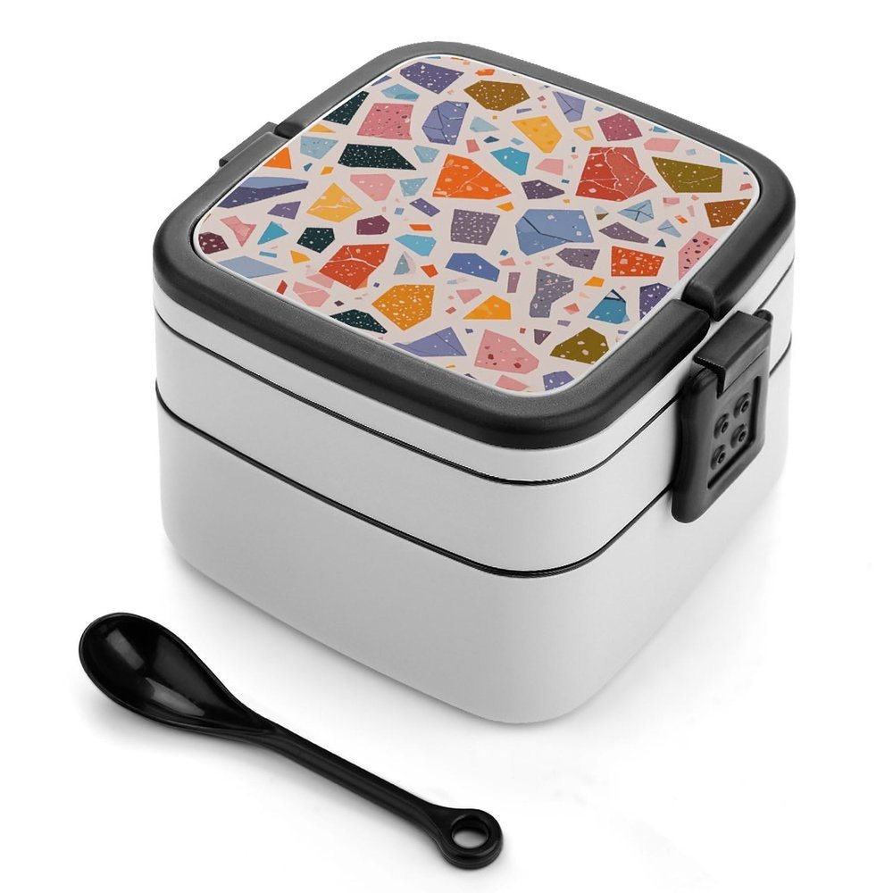 QWNMD Bento Box with Spoon And Handle Terrazzo Marble Pastel Printed Stackable Bento Box Portable Bento Lunch Box Container for Work Camping And Travel