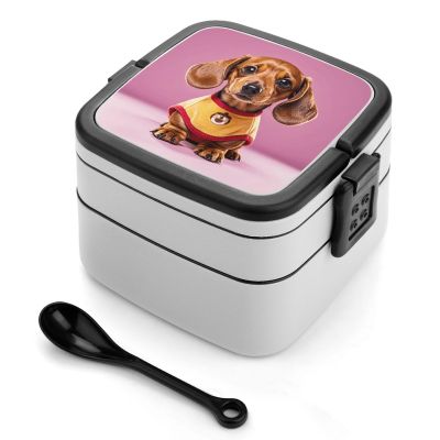 QWNMD Bento Box with Spoon And Handle Cute Dachshund Duggee Printed Stackable Bento Box Portable Bento Lunch Box Container for Work Camping And Travel