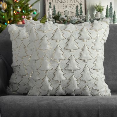 4TH Emotion Christmas Tree Decorative Pillow Covers 16x16 Set of 2, White Soft Plush Faux Fur Farmhouse Throw Cushion Cases for Xmas Winter Holiday Home Decorations