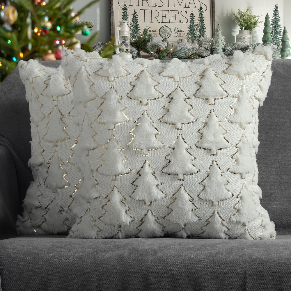 4TH Emotion Christmas Tree Decorative Pillow Covers 16x16 Set of 2, White Soft Plush Faux Fur Farmhouse Throw Cushion Cases for Xmas Winter Holiday Home Decorations