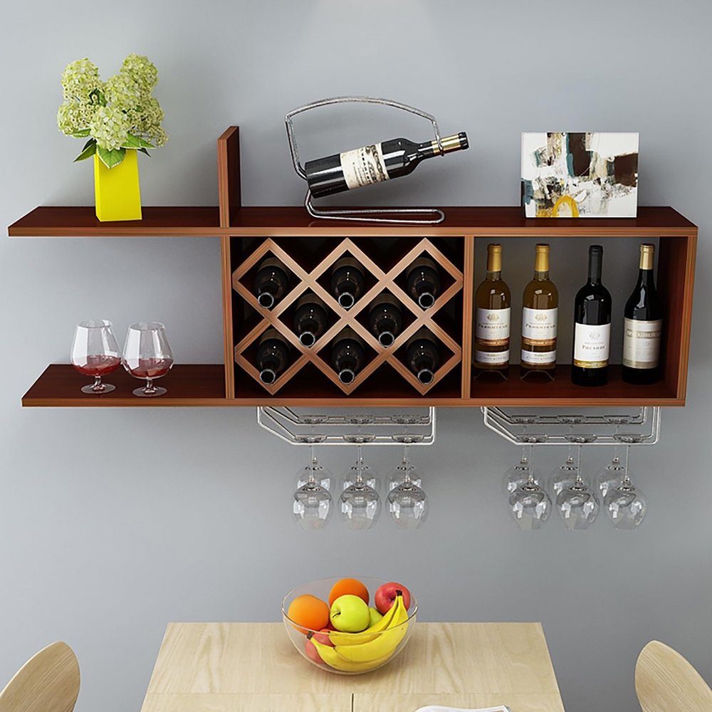 2-tiers Open Wall-mounted Wine Rack With Honeycomb Mesh For Horizontal Wine Display Of Multi-functional Shelving Wooden Wine Storage And Display Racks, Tiered Display Stand For Hanging Wine Glasses