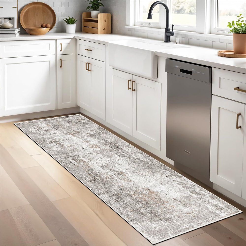 2x5 Non-Slip Washable Runner Rug Modern Neutral Abstract Small Rug for Hallway, Kitchen, Bathroom, Bedroom, Entryway, Laundry Room Thin Soft Low-Pile Rubber Backing (Beige/Grey)