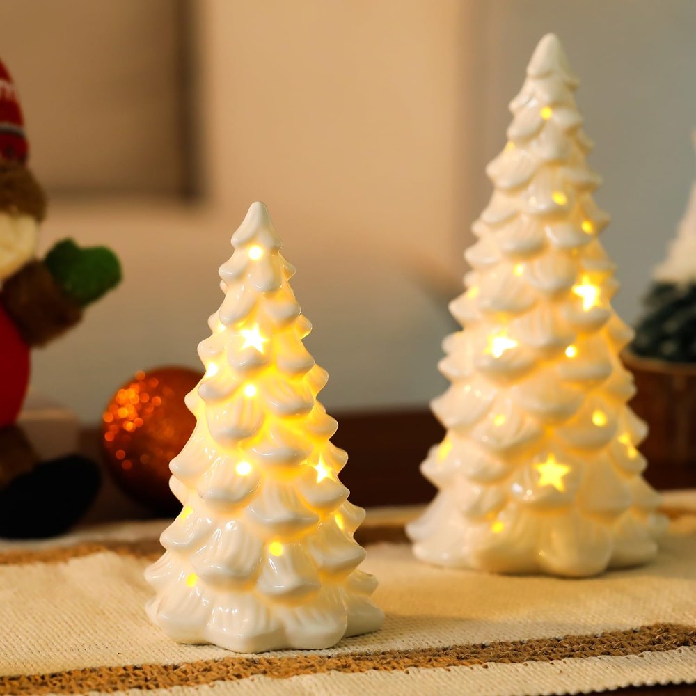 HOMCDALY 2 PCS White Small Christmas Tree with Lights, Mini Christmas Tree for Christmas Dcor, Tabletop Xmas Tree Figurines, Christmas DecorationsCeramic