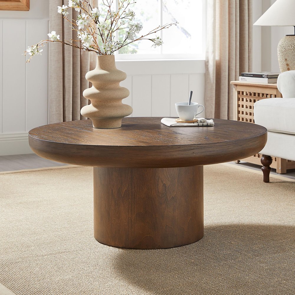 Eafurn 35.98inch Round Wood Coffee Table with Cylindrical Leg, Farmhouse Cocktail Solid Circle Center Wooden Table, Brown Walnut Tabletop & Legs